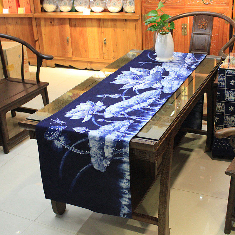 荷花桌旗长条蜡染画茶艺席中式禅意桌面装饰桌巾斗柜餐桌防尘盖布