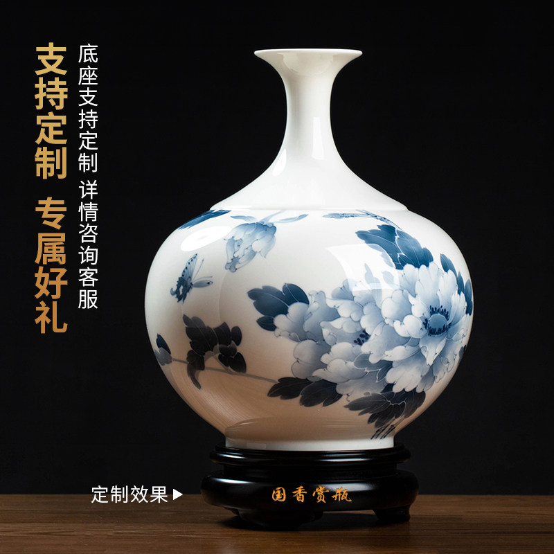 中式陶瓷手绘牡丹花瓶 东方泥土风客厅电视柜摆件 创意赏瓶居家装