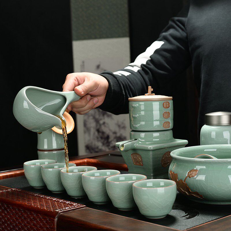 隐茶缘 哥窑懒人石磨功夫茶杯半自动成套茶具陶瓷泡茶器礼盒套装