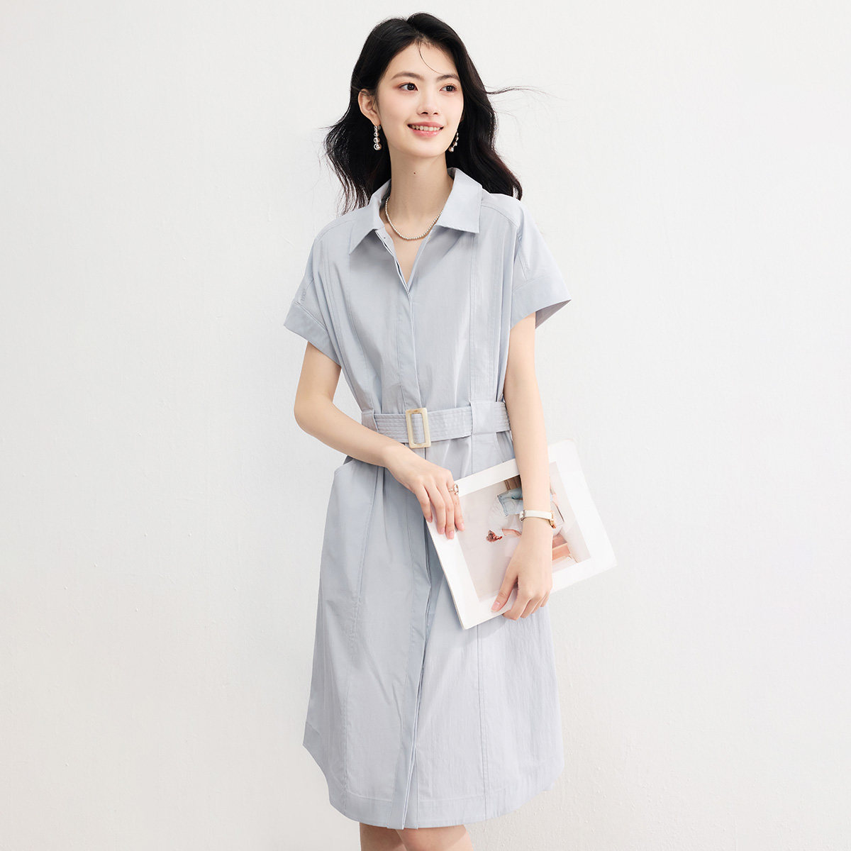 SeRina Blue2026夏季单排扣收腰通勤风职业女士衬衫中长款连衣裙