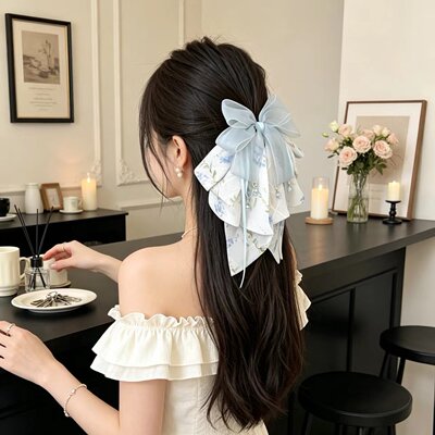 韩系碎花多层蝴蝶结抓夹流苏多层