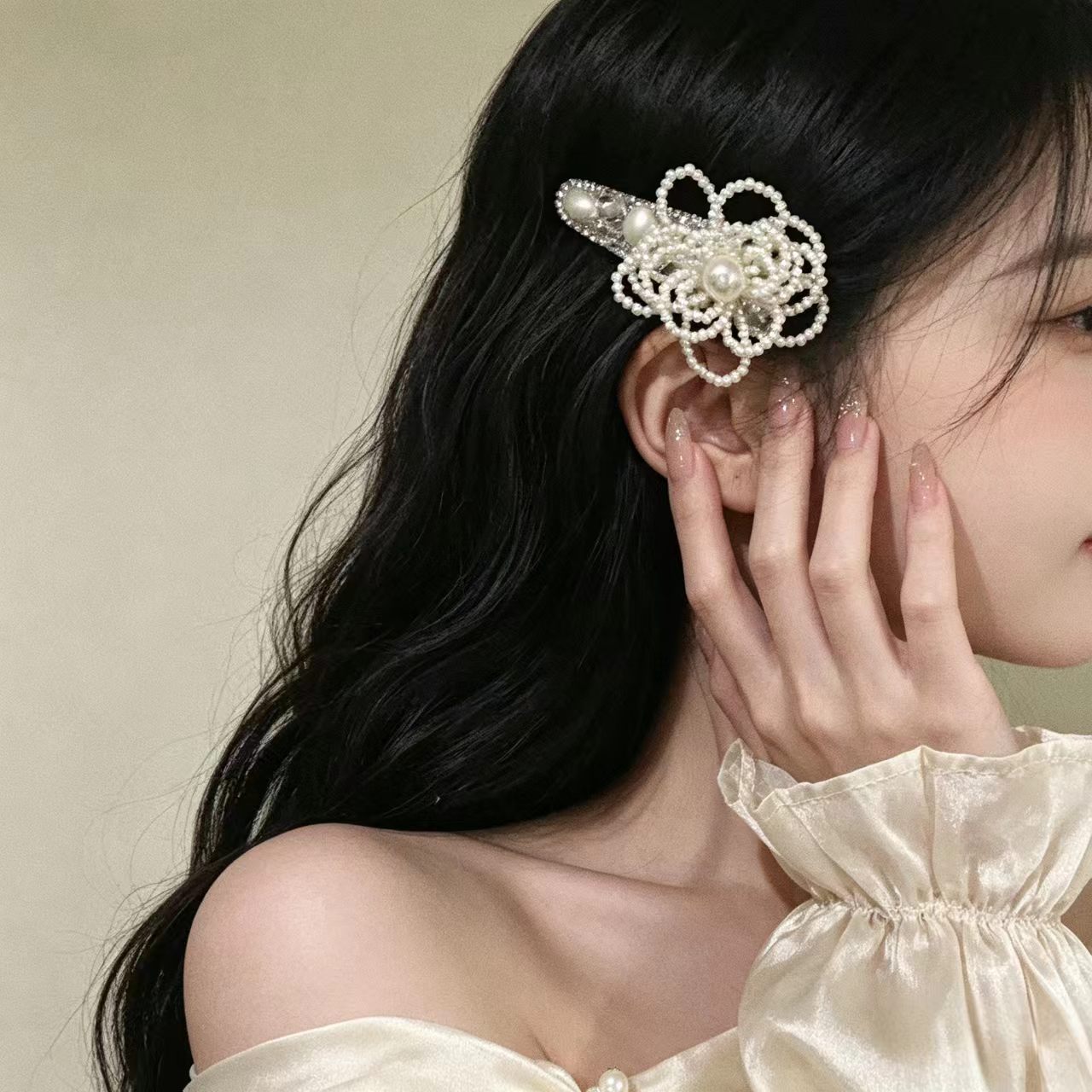 韩系千金风珍珠花朵串珠发夹小众高级感气质超仙百搭甜美边夹头饰