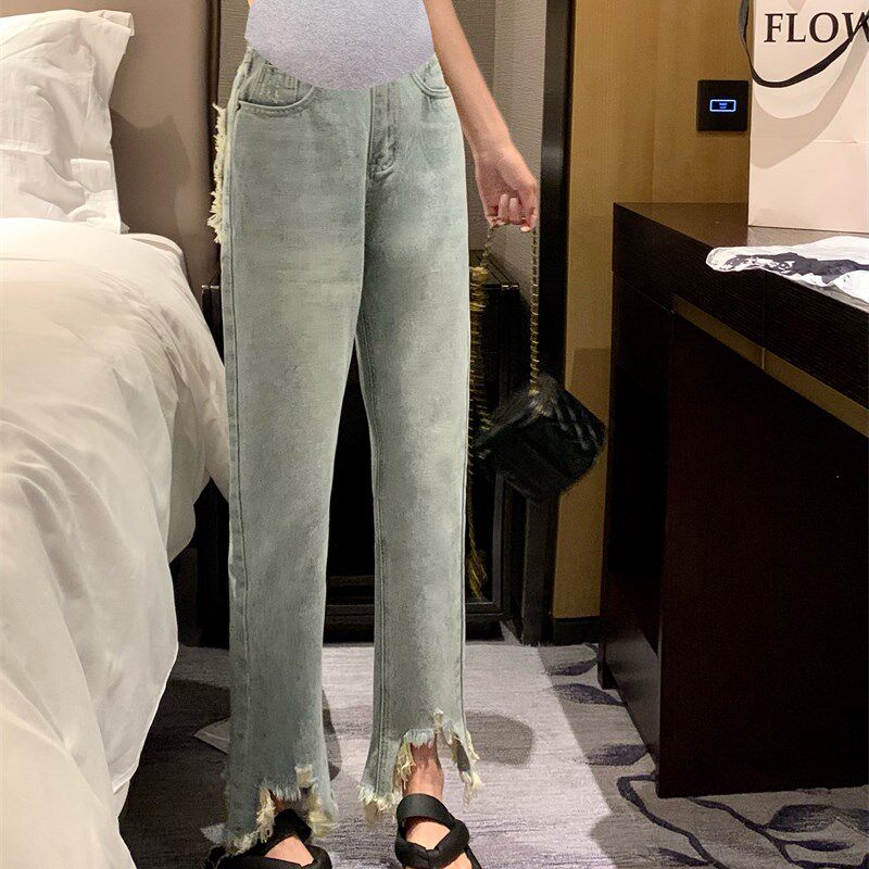 破洞毛边流苏直筒孕妇牛仔裤女夏季薄款宽松孕妇阔腿裤托腹九分裤
