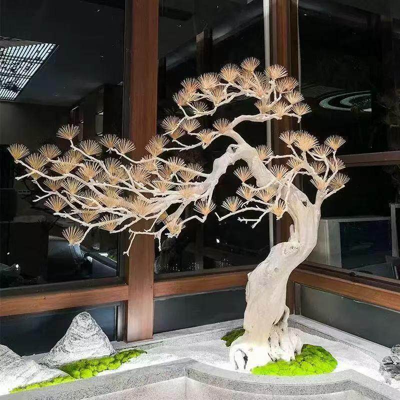 仿真迎客松松树根雕牙签松造型景观室内大型假树造景装饰实木摆件