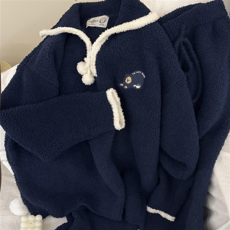 休闲简约针织半边绒睡衣套装女秋冬季保暖半拉链家居服套装可外穿