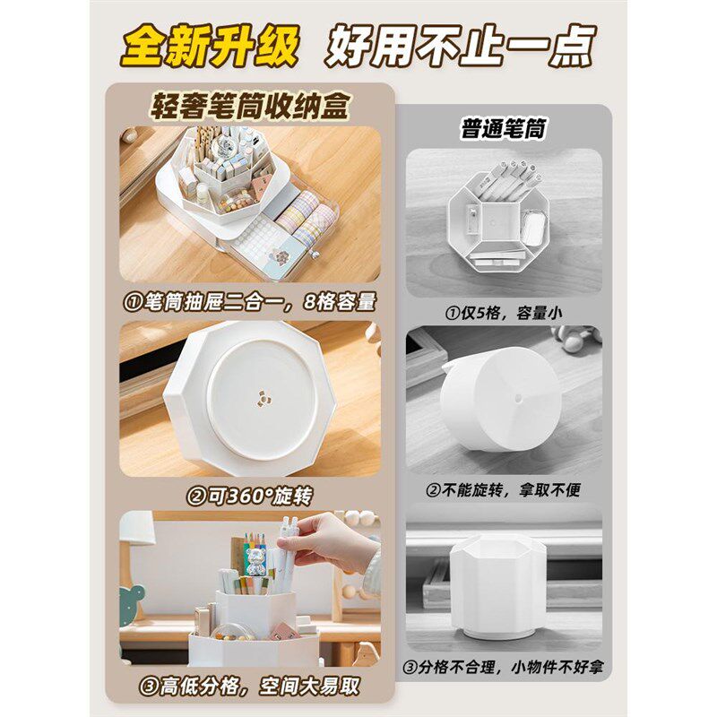 360度旋转笔筒收纳盒带抽屉创意多功能办公室学生桌面文具马克笔