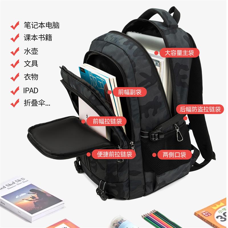 2025新款中学生小学生书包男初中生高中生大容量减负双肩迷彩背包