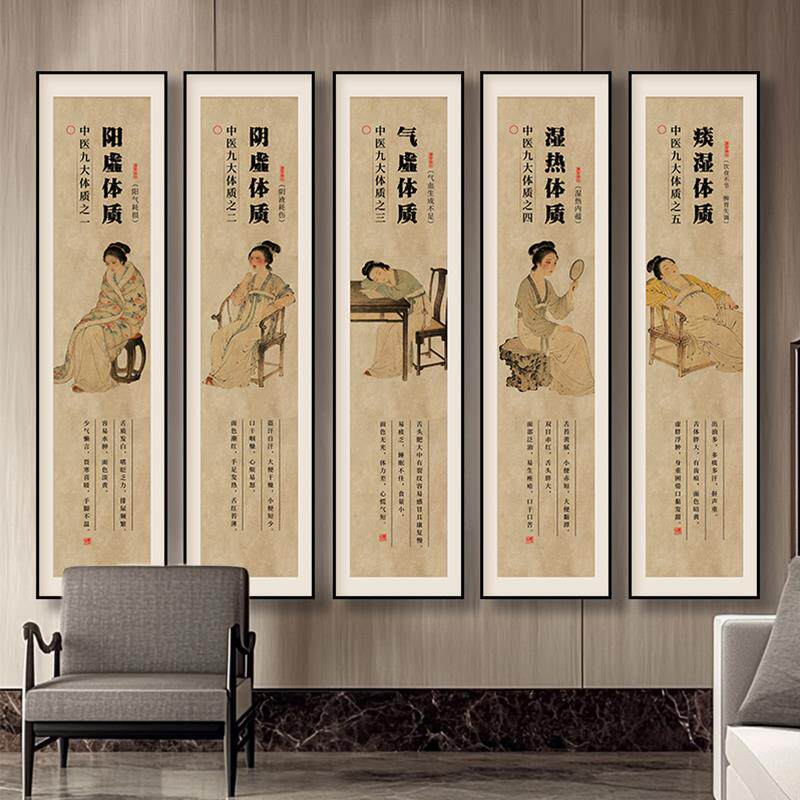 中医养生馆进门形象墙装饰画九种体质挂画美容院推拿馆软装壁画竖