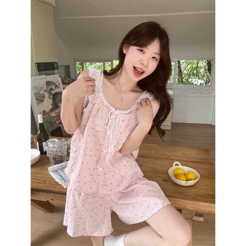 甜美格子蕾丝背心睡衣女款2025新款夏可爱花边吊带短裤家居服套装
