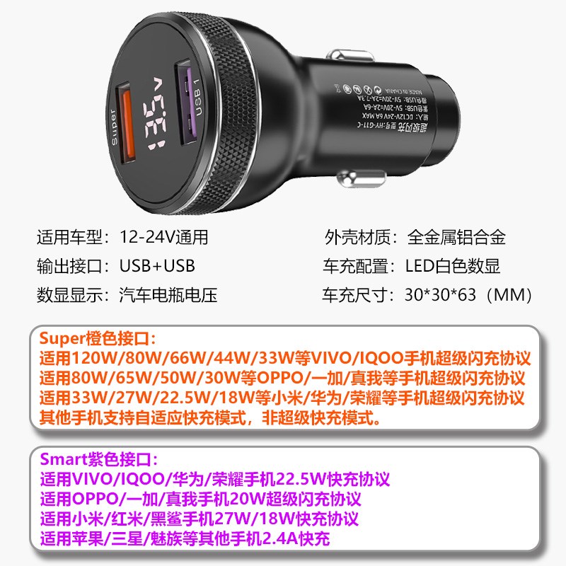 适用VIVO/IQOO手机车载充电器120W80W双引擎超级闪充快充转换插头