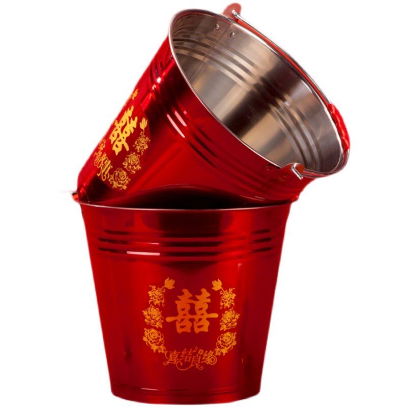 结婚喜桶新娘陪嫁不锈钢带盖红桶婚庆水桶子孙桶红色铁桶加厚家用