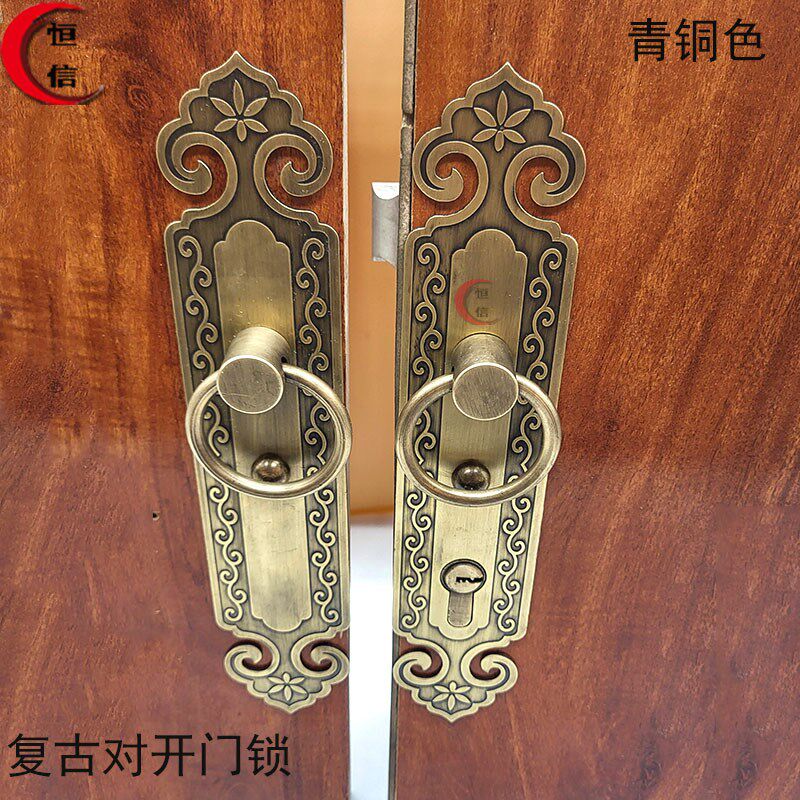 全铜门锁家用室内房门黄铜新中式卧室门锁静音仿古纯铜门环拉手锁