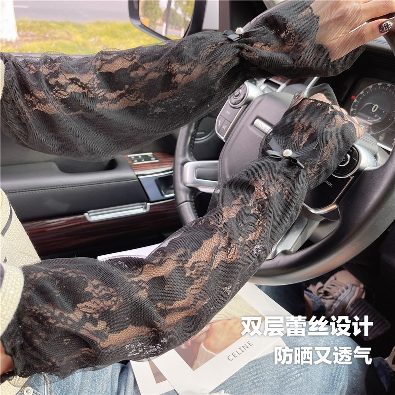 蕾丝防晒袖套女双层开车骑行手套薄款防紫外线长款手袖冰袖套宽松