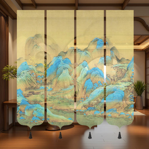 定制中式山水画半透纱幔挂