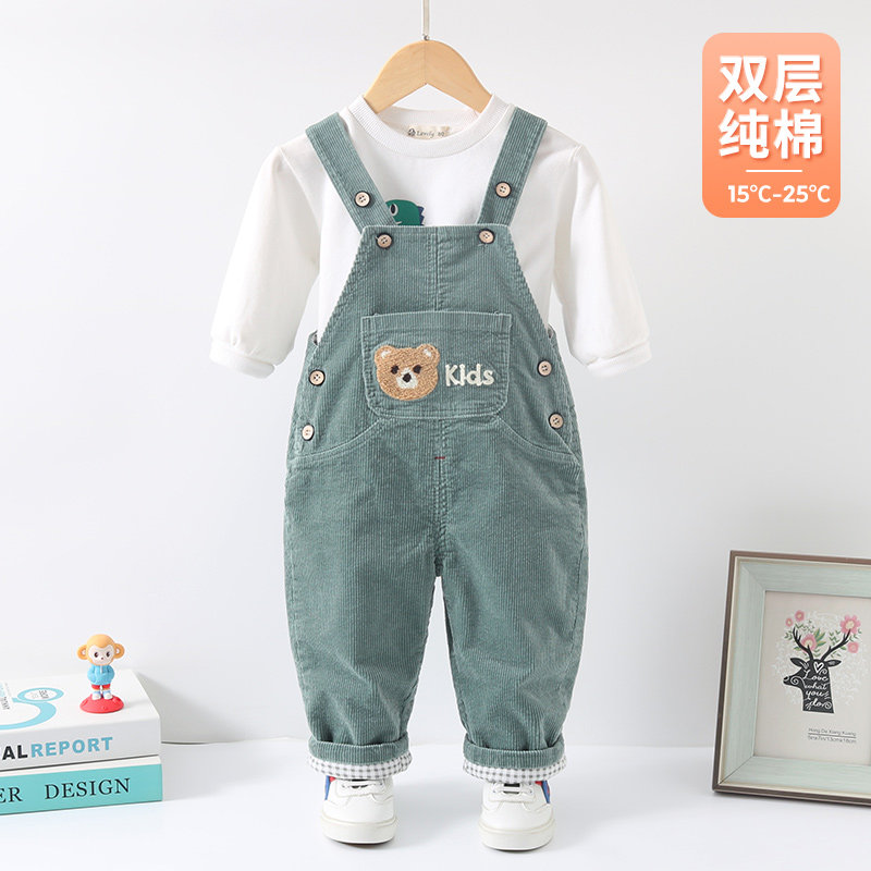 宝宝背带裤春秋双层纯棉男童2023新款一岁儿童灯芯绒婴儿春季裤子