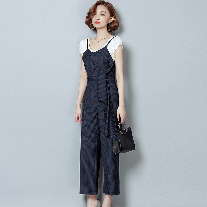 条纹连体裤女2021春季吊带休闲裤背带九分阔腿裤套装修身显瘦高腰