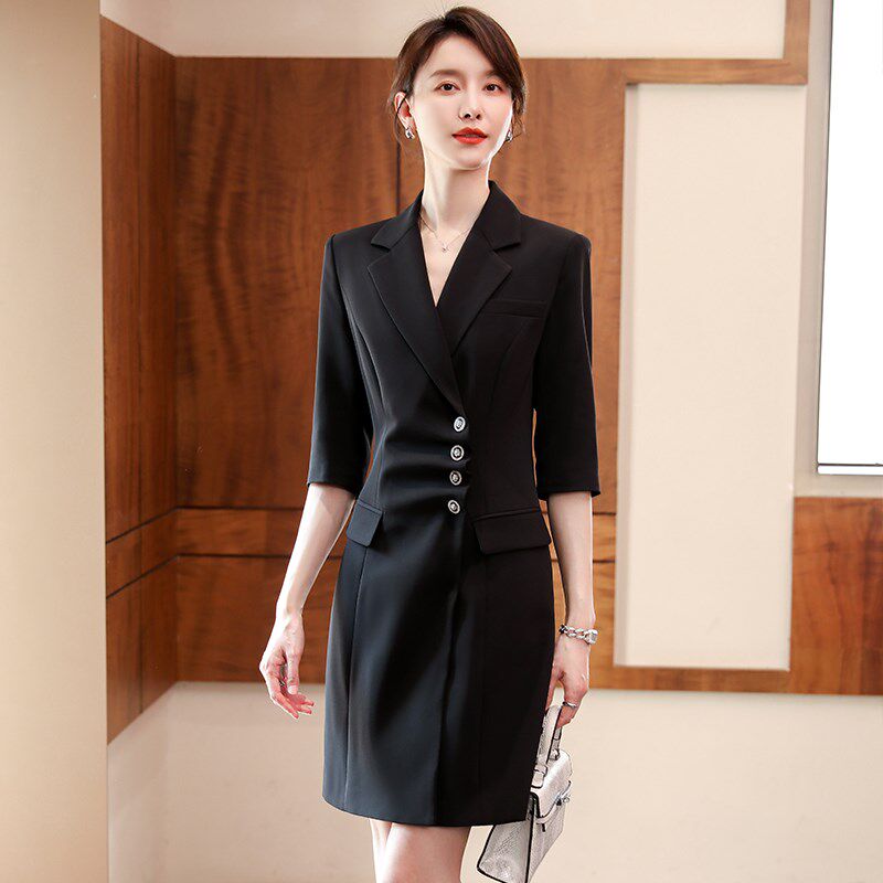 职业西装连衣裙女2024新款春秋薄款气质正式场合白色长裙面试裙子