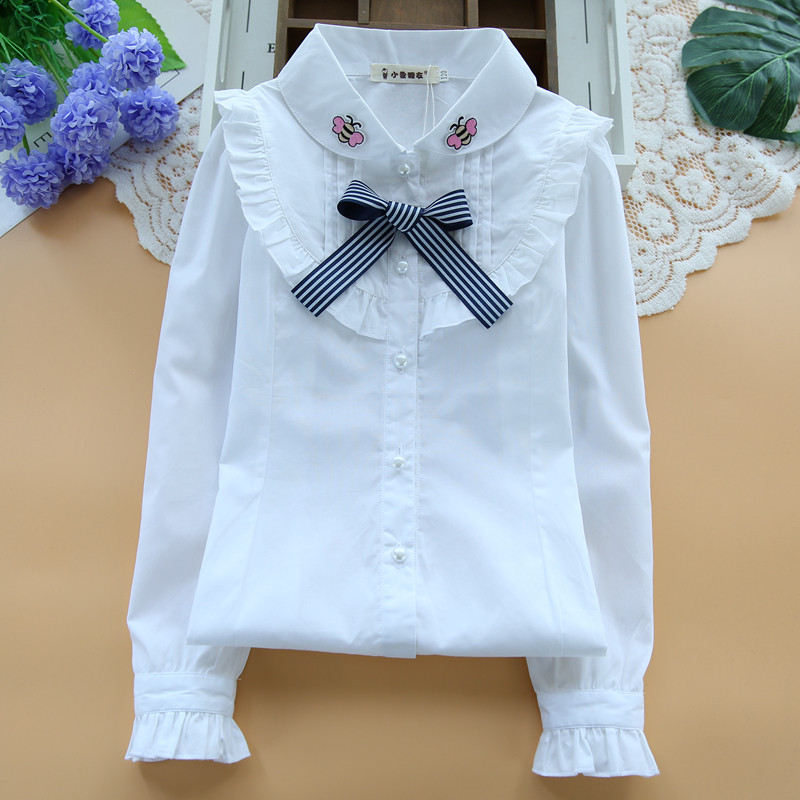 女童衬衫长袖纯棉中大童衬衣女孩全棉白色演出服儿童格子短裙套装