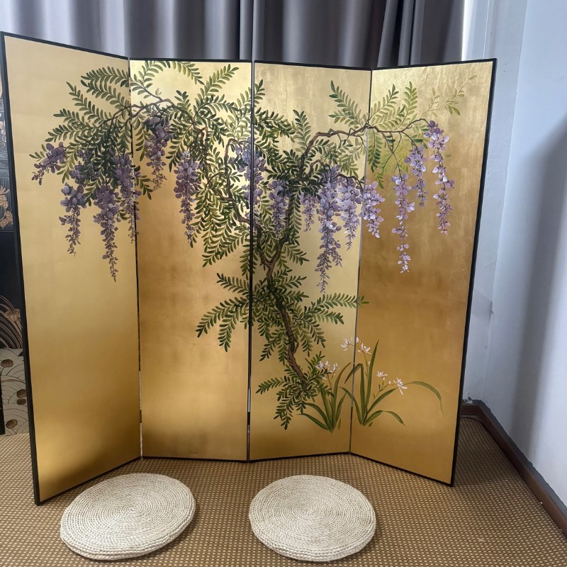 新中式手绘紫藤花金箔银箔漆画屏风茶室隔断客厅玄关折屏屏风定制