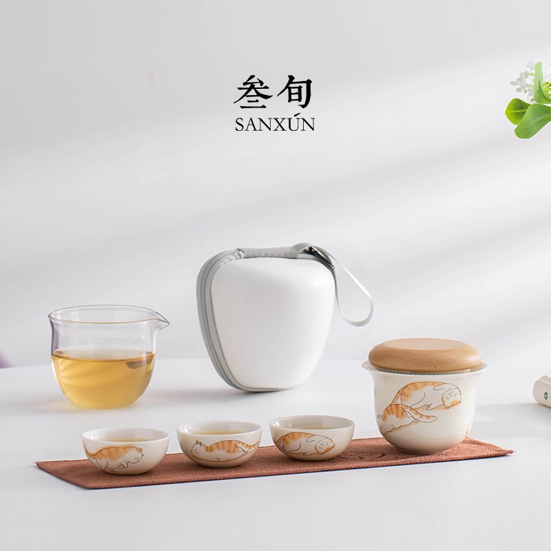 叁旬招财猫快客杯便携式户外一壶三杯子喝茶装备功夫旅行茶具套装