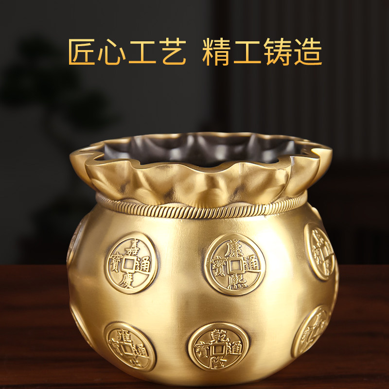 黄铜聚宝盆钱袋摆件 新中式设计 德缘居半手工铜制客厅装饰品