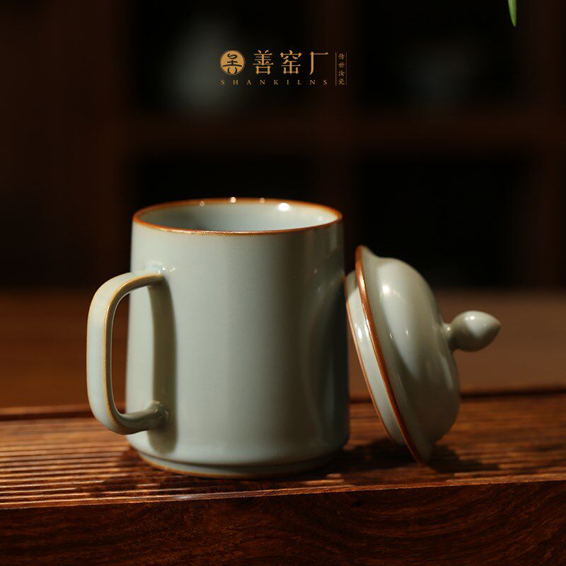 汝窑办公杯景德镇陶瓷杯带盖手工青瓷茶杯高端礼盒装送人办公水杯
