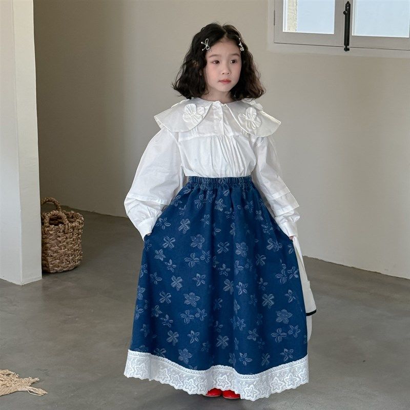 女童半身裙长款牛仔小女孩裙子宽松碎花花边休闲儿童长裙童装春款