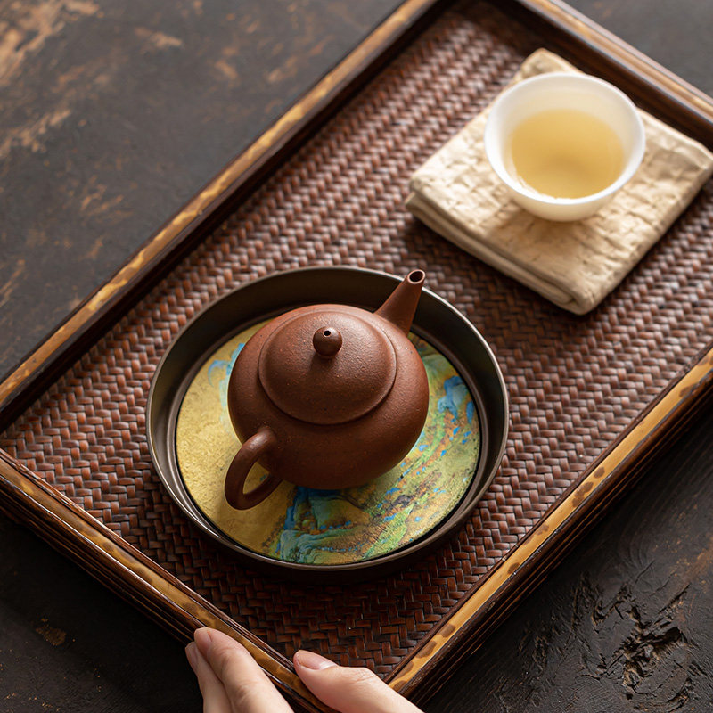 中式家用干泡台盖碗底托茶壶垫竹编合金紫砂壶承盘功夫茶具养壶