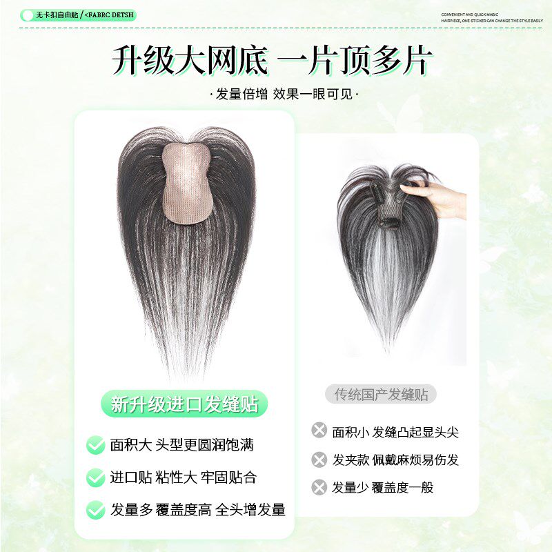 无需发夹假发女片头顶全真发浏海发缝贴增发遮白发蓬松无痕魔术贴