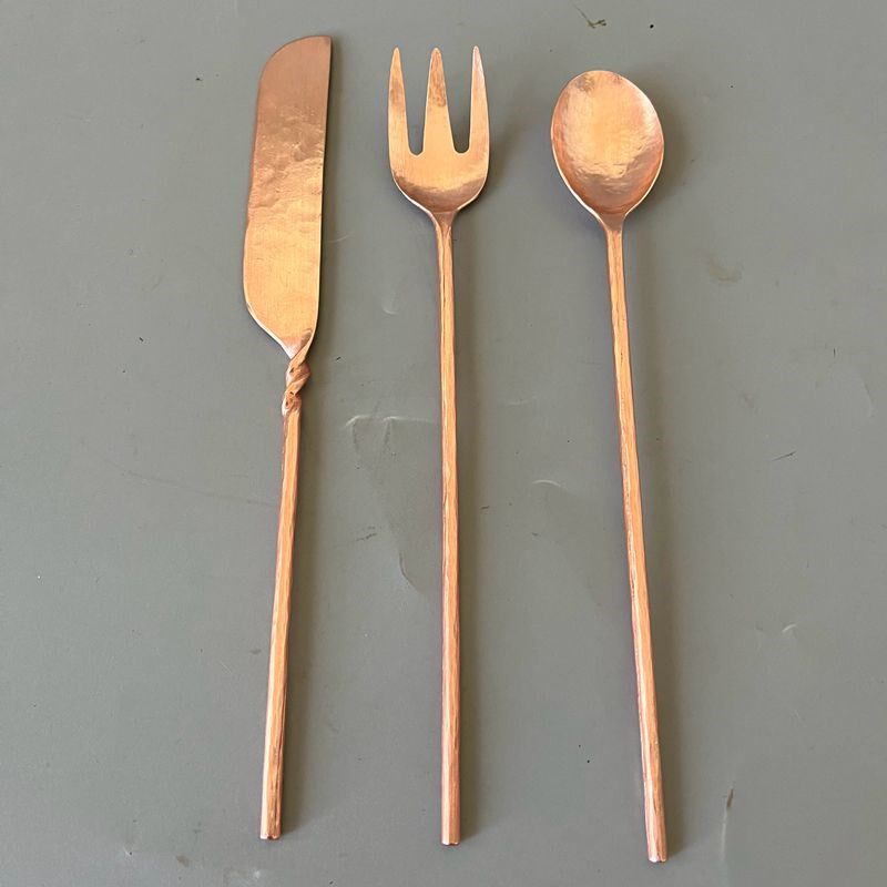 纯铜叉子勺子套装网红日式北欧锤点西餐餐具全套家用吃饭甜品勺叉