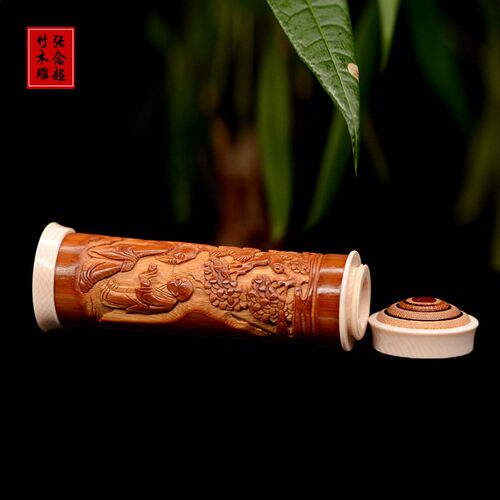 百年拆房老竹浮雕婴戏图牙签筒老竹雕牙签罐山水牙签盒便携式盘玩