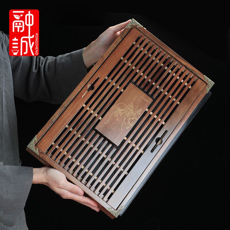 融诚小兰香茶盘实木抽屉式储水茶盘大号柯木茶盘茶海茶托茶具茶盘
