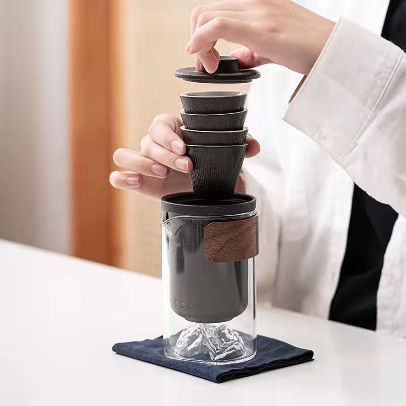 玻璃快客杯便携式旅行茶具单人小套装户外一壶四杯陶瓷泡茶壶茶杯