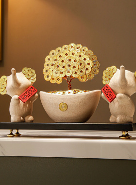 新中式摇钱树招财猫摆件客厅电视柜家居装饰前台玄关乔迁开业礼物