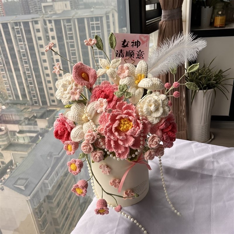 毛线抱抱桶手工花束diy材料包自制向日葵玫瑰仿真花送女朋友闺蜜