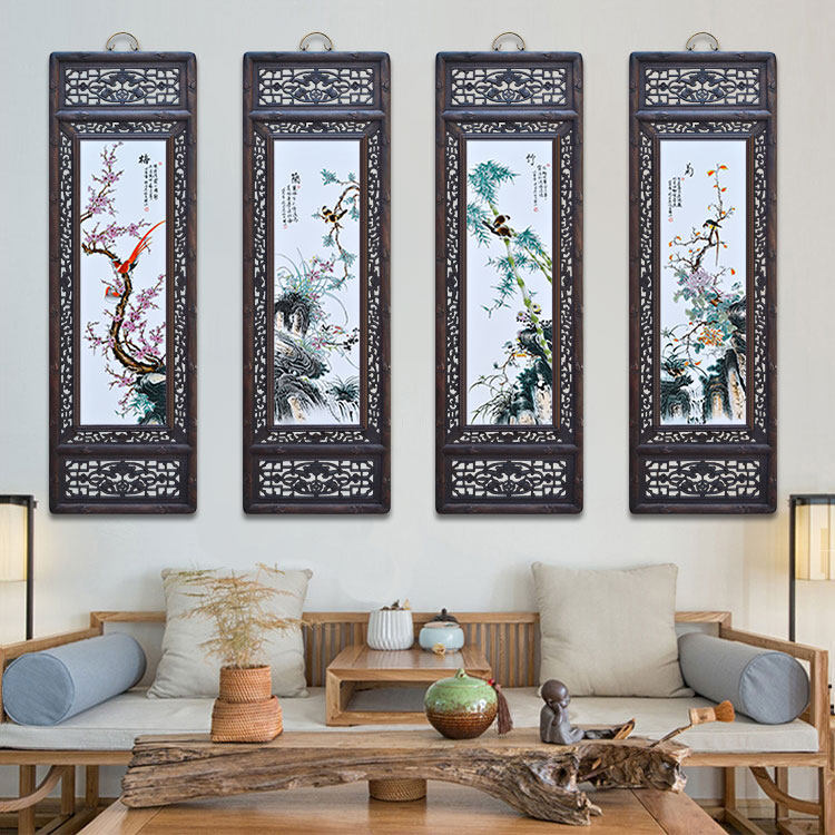 仿古实木陶瓷画梅兰竹菊挂画四条屏景德镇瓷板画屏风客厅墙壁装饰