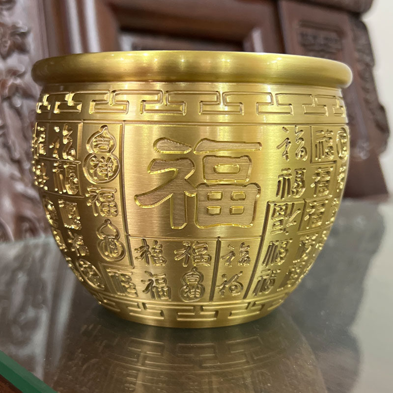 特大号百福铜缸纯黄铜米缸聚宝盆摆件客厅招财聚财浮雕五福存钱罐