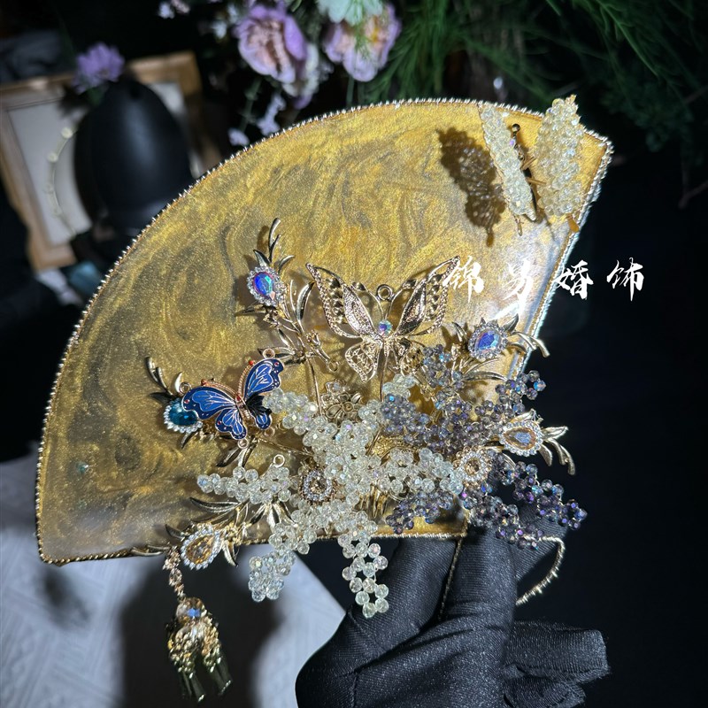 团扇新娘结婚中式婚礼秀禾龙凤褂旗袍新娘水晶凝胶扇子古风团扇