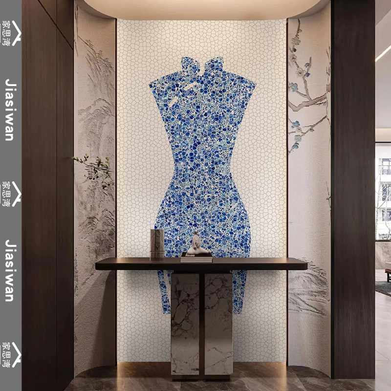 青花瓷旗袍拼图马赛克拼花瓷砖马赛克画装饰玄关墙贴墙砖自粘定制