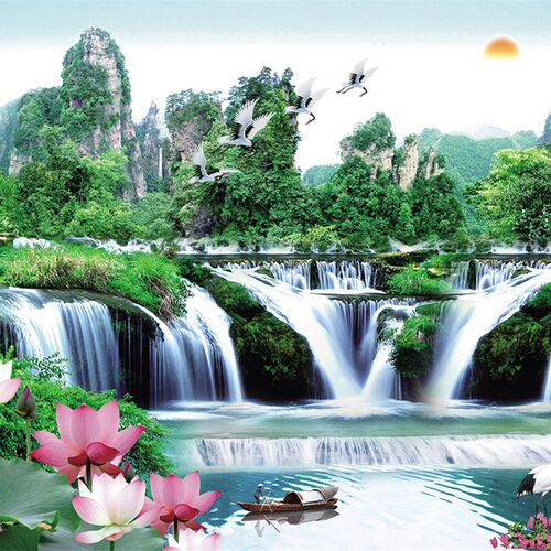 3d不织布流水生财大型壁画 画5D客厅沙发电视背景墙壁山水风景墙