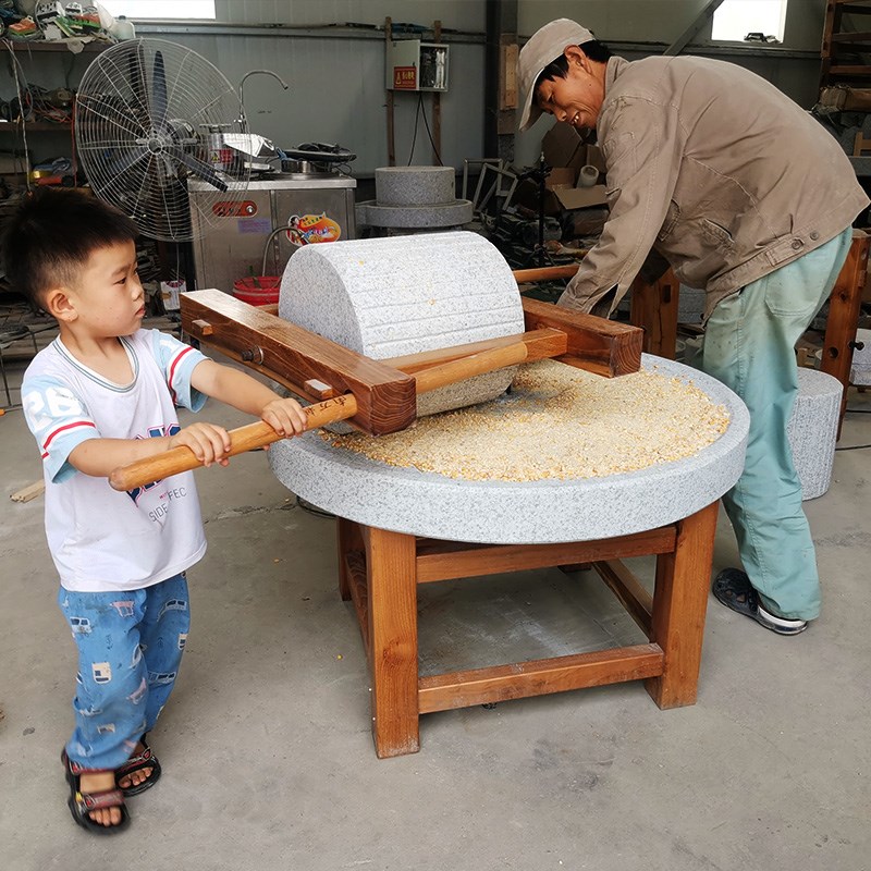 老式石碾子幼儿园手推石碾家用石磨盘电动商用磨面压粮食复古摆件