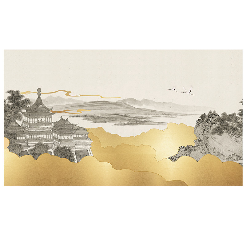 中式金色山水阁楼壁纸轻奢风客厅沙发背景壁画书房办公3D自粘壁布