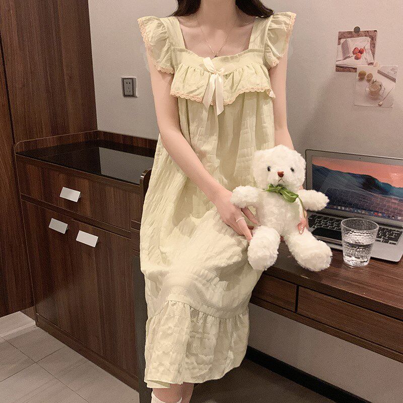 公主风带胸垫睡裙女夏季2024新款小飞袖吊带绿色夏天薄款孕妇睡衣