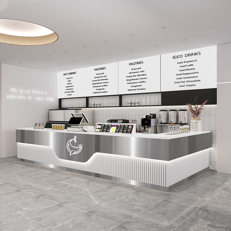 现代简约奶茶店收银台柜台餐饮店甜品蛋糕店不锈钢吧台桌转角定制