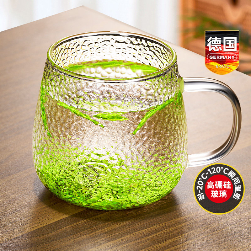 德国锤纹玻璃泡茶杯带把手耐高温图片