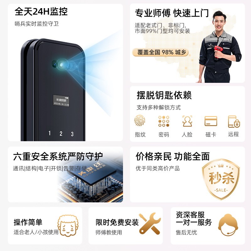 智能锁入户门带监控远程可视录像机械密码锁家用防盗门指纹锁一体