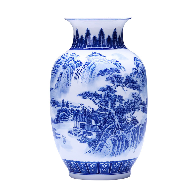 黄国财作品青花瓷花瓶中式风格陶瓷摆件山水薄胎瓷客厅卧室家居饰
