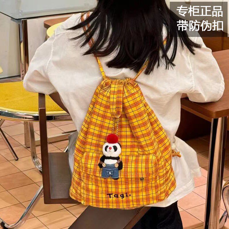 Tagi黄格子背包糖葫芦珍珠亚克力串珠可爱抽绳大容量帆布双肩包女