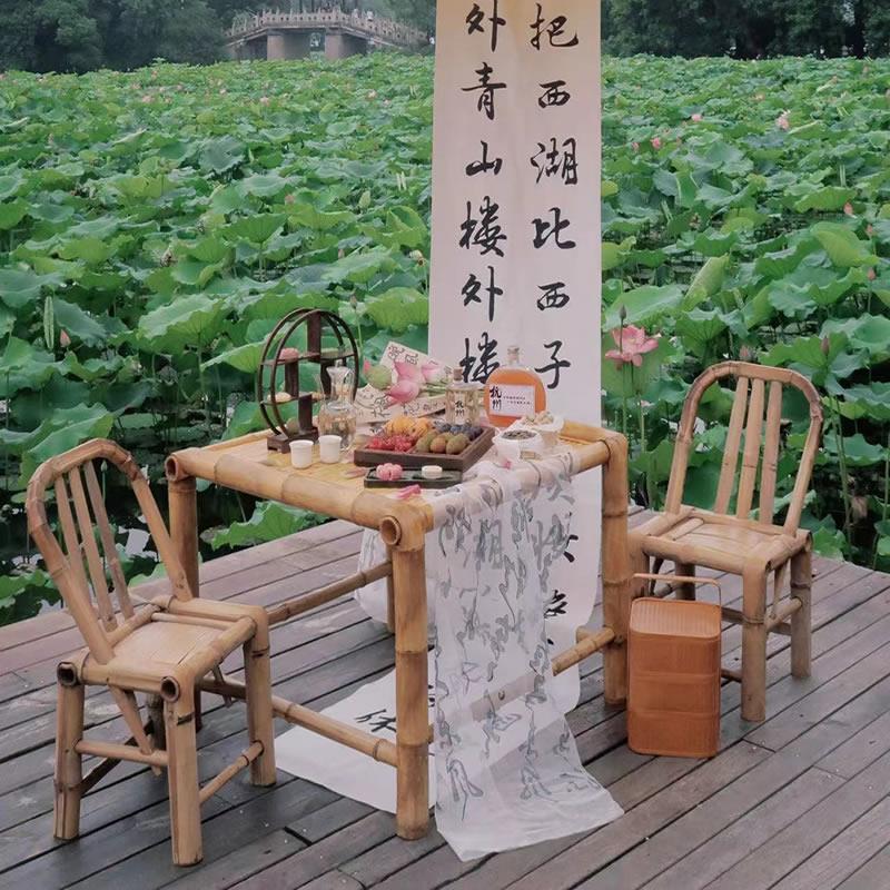 景观室外桌椅带伞休闲竹茶桌竹椅中式下午茶庭院公园景区拍照竹桌