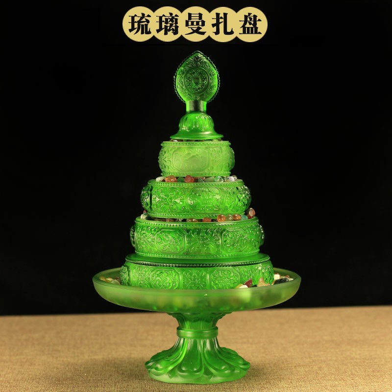 大号琉璃曼扎盘用品用品八吉祥摆件佛前供品曼达盘曼茶盘修盘